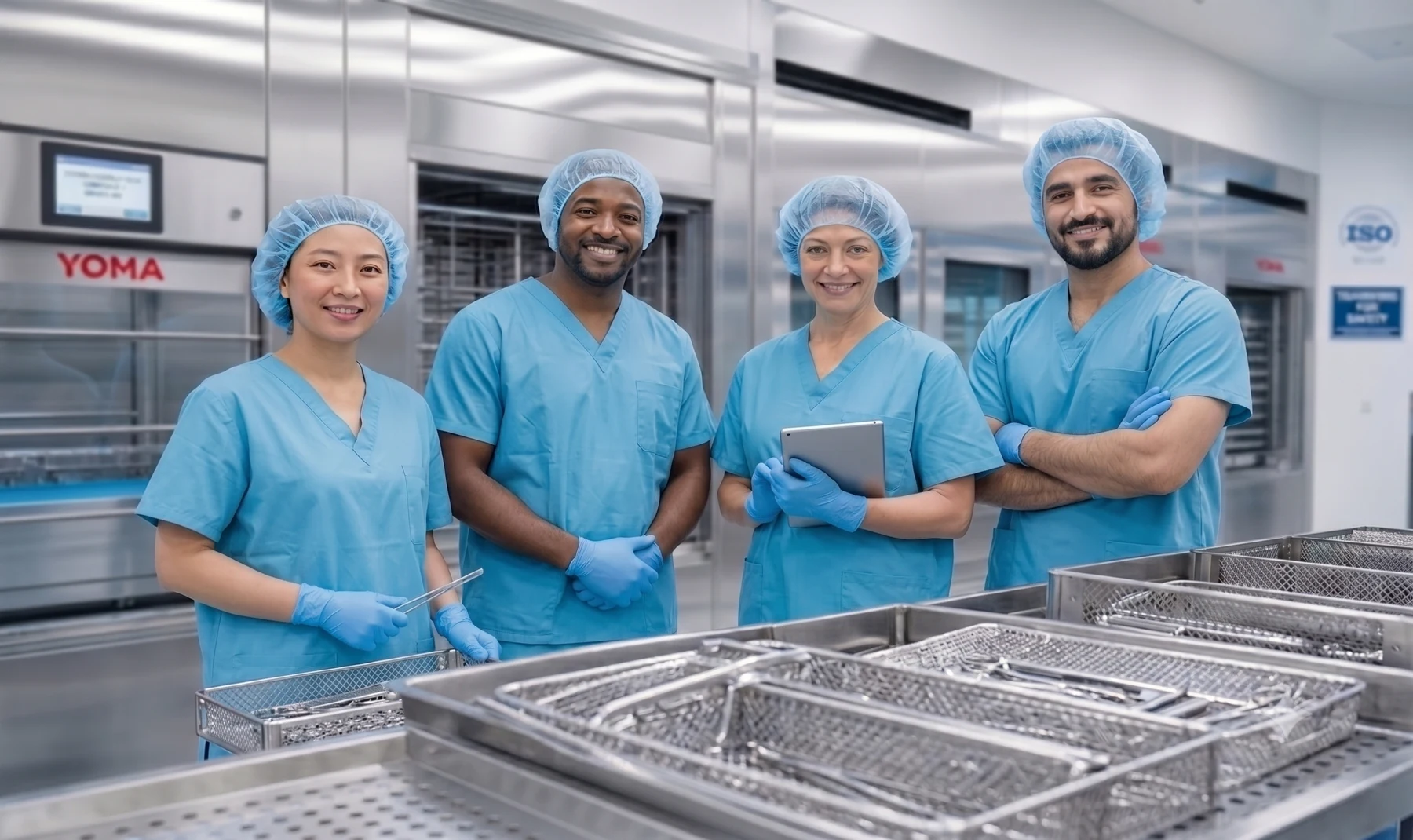 YOMA healthcare professionals with stainless steel reprocessing equipment