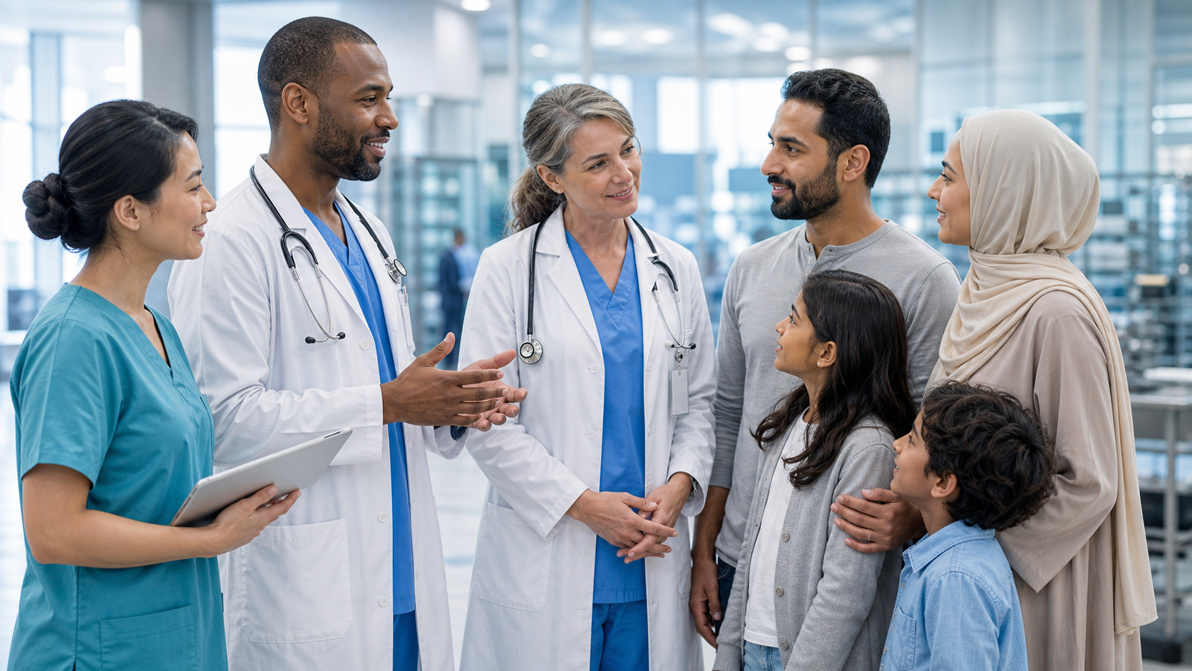 A diverse group of healthcare professionals speaking with a patient family in a modern hospital